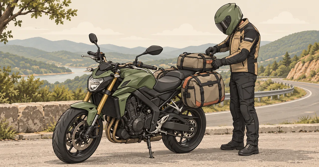 Ilustração de moto pronta para viagem com bagagem bem distribuída e fixada