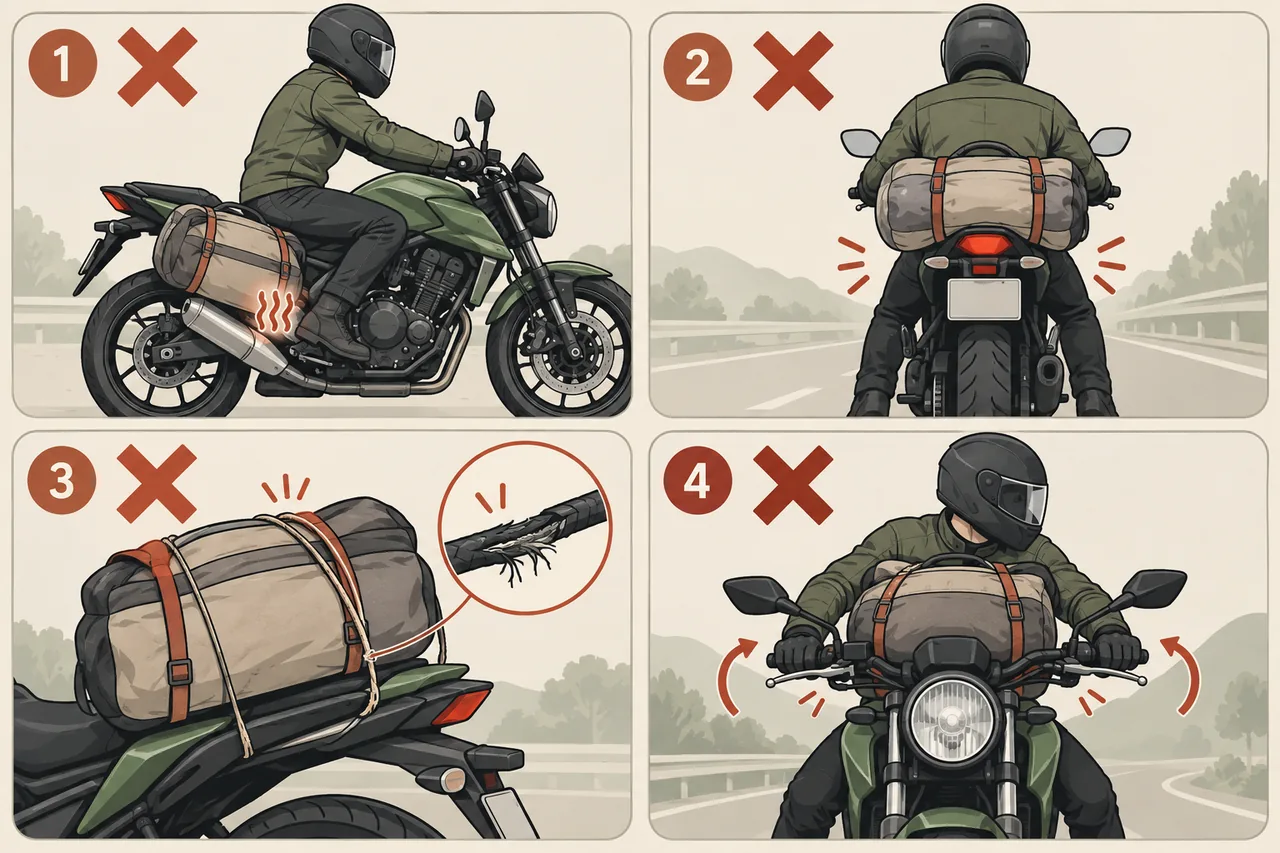 Ilustração dos erros: bagagem no escapamento, cobrindo lanterna, corda fina e travando o guidão