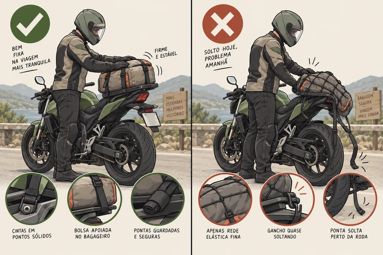 Ilustração: cintas firmes nos pontos certos versus só aranha elástica em carga pesada