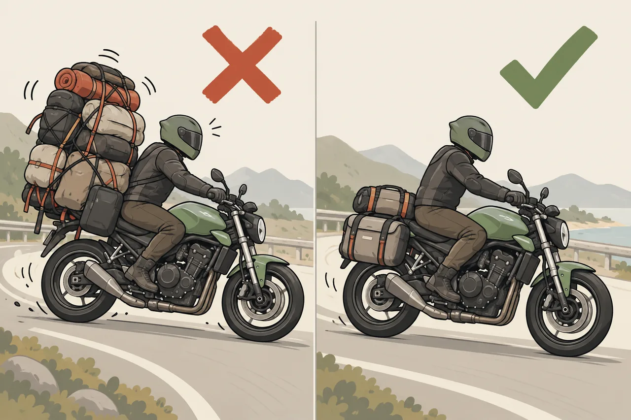 Ilustração: torre de malas instável versus bagagem compacta e estável