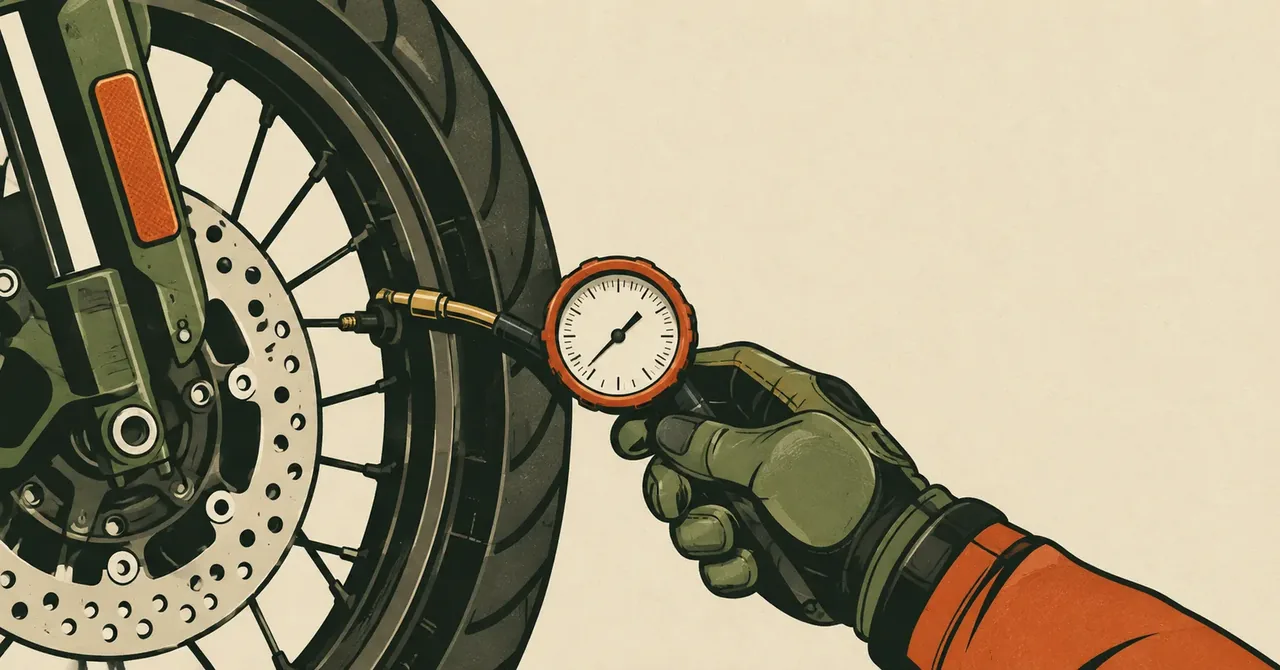 Ilustração de um manômetro encaixado na válvula do pneu dianteiro de uma moto