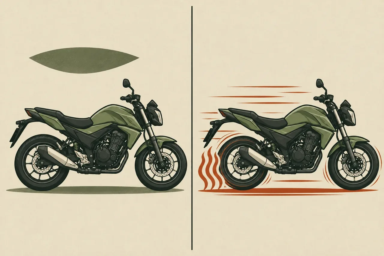 Ilustração comparando uma moto parada na sombra e a mesma moto em uso, com calor saindo do pneu