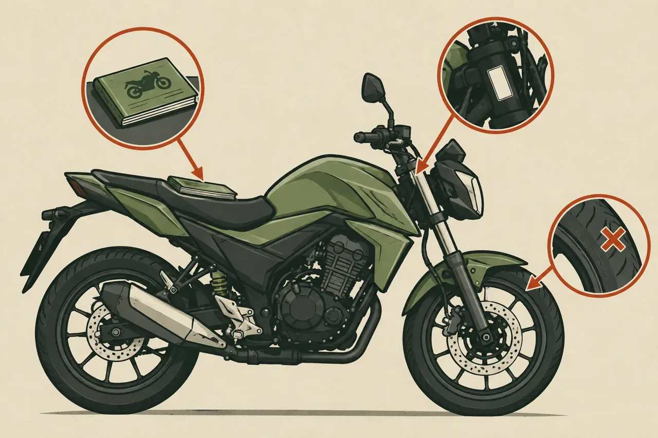 Ilustração de uma moto com destaques para o manual e a etiqueta do veículo, e a lateral do pneu marcada com X