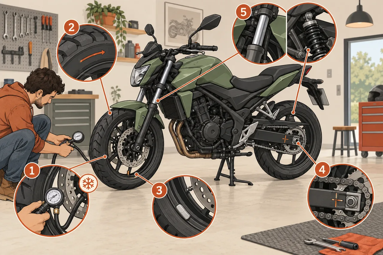 Ilustração de checklist na garagem: pressão, montagem, roda, corrente e suspensão