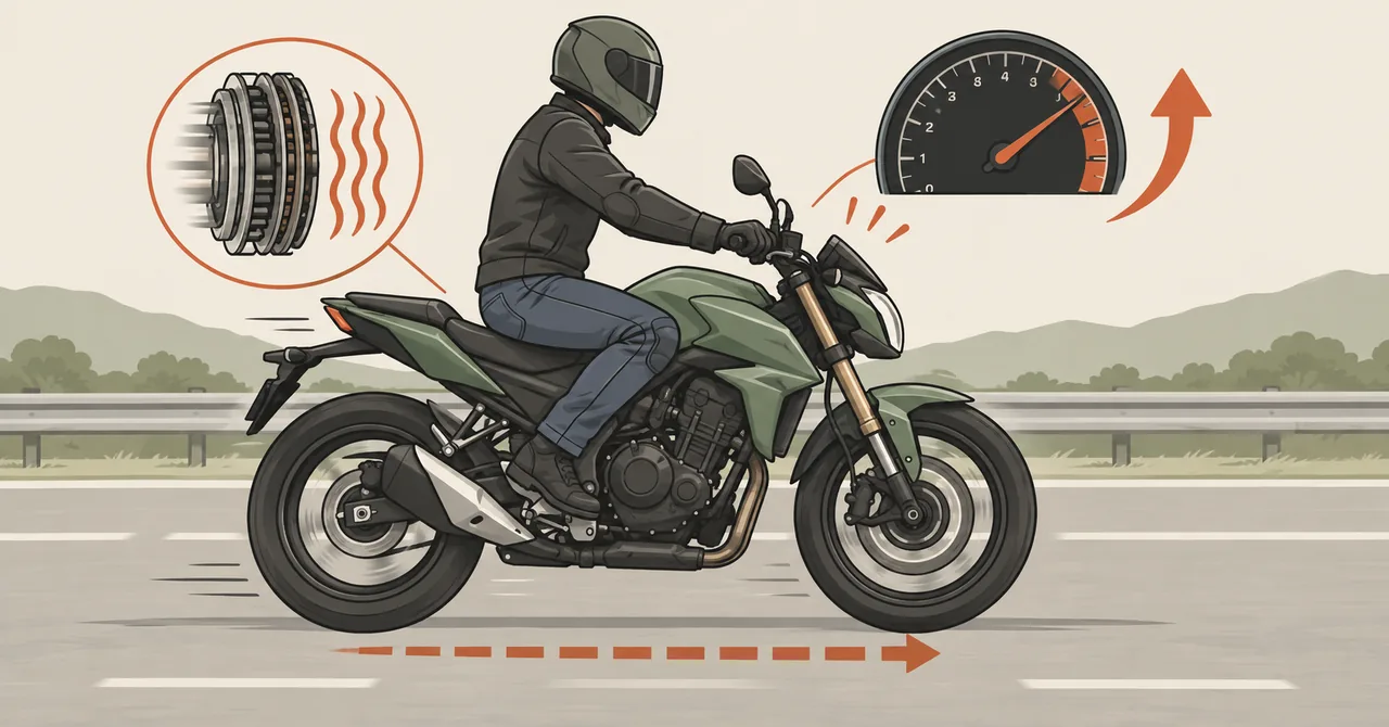 Ilustracao: moto acelerando com giro alto e puxada fraca — sintoma de embreagem patinando