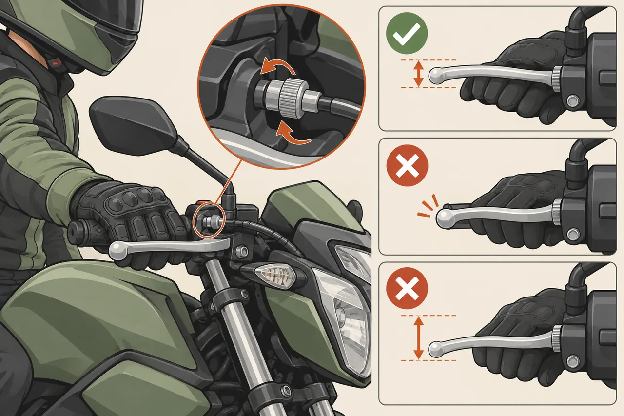 Ilustracao: folga correta do manete de embreagem versus sem folga ou folga excessiva