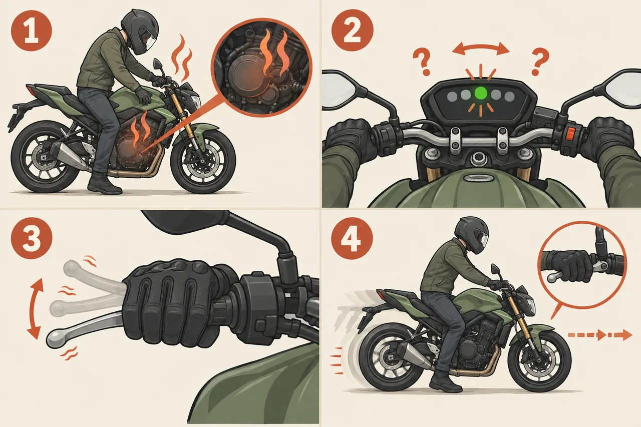 Ilustracao: cheiro de queimado, dificuldade no neutro, manete esponjoso e moto andando com manete puxado