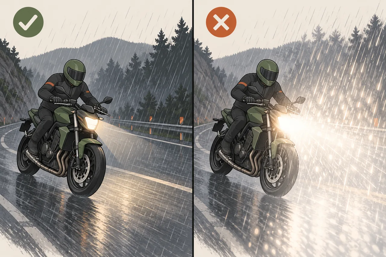 Ilustração comparando farol baixo legível e farol alto gerando reflexo na chuva