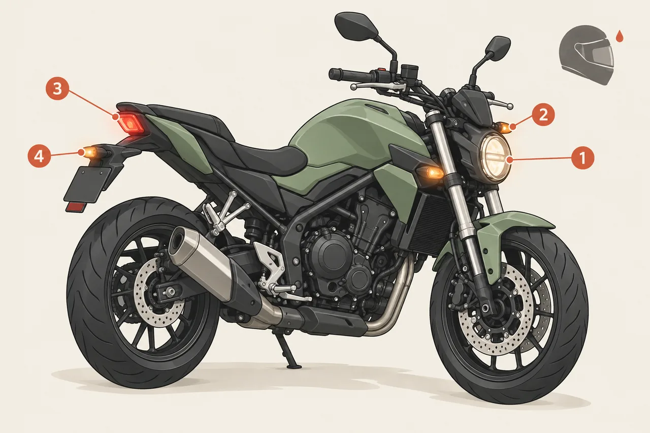 Ilustração de checklist do farol, setas e lanterna traseira da moto