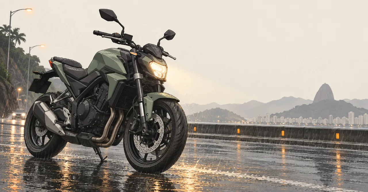 Ilustração de moto verde sob chuva com farol baixo aceso no asfalto molhado