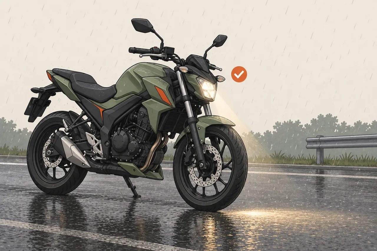 Ilustração de moto com farol baixo e marca de confirmação sob chuva leve