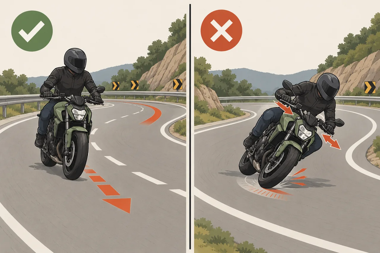 Ilustração: reduzir antes da curva versus frear forte no meio da inclinação