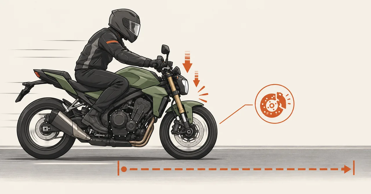 Ilustração de moto freando em linha reta com transferência de peso e seta de distância de parada