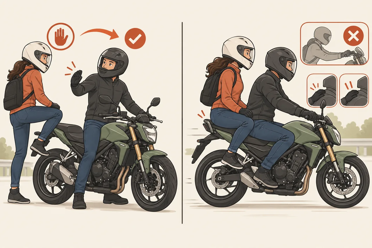 Ilustração: garupa sobe só com sinal do piloto e não apoia as mãos no guidão