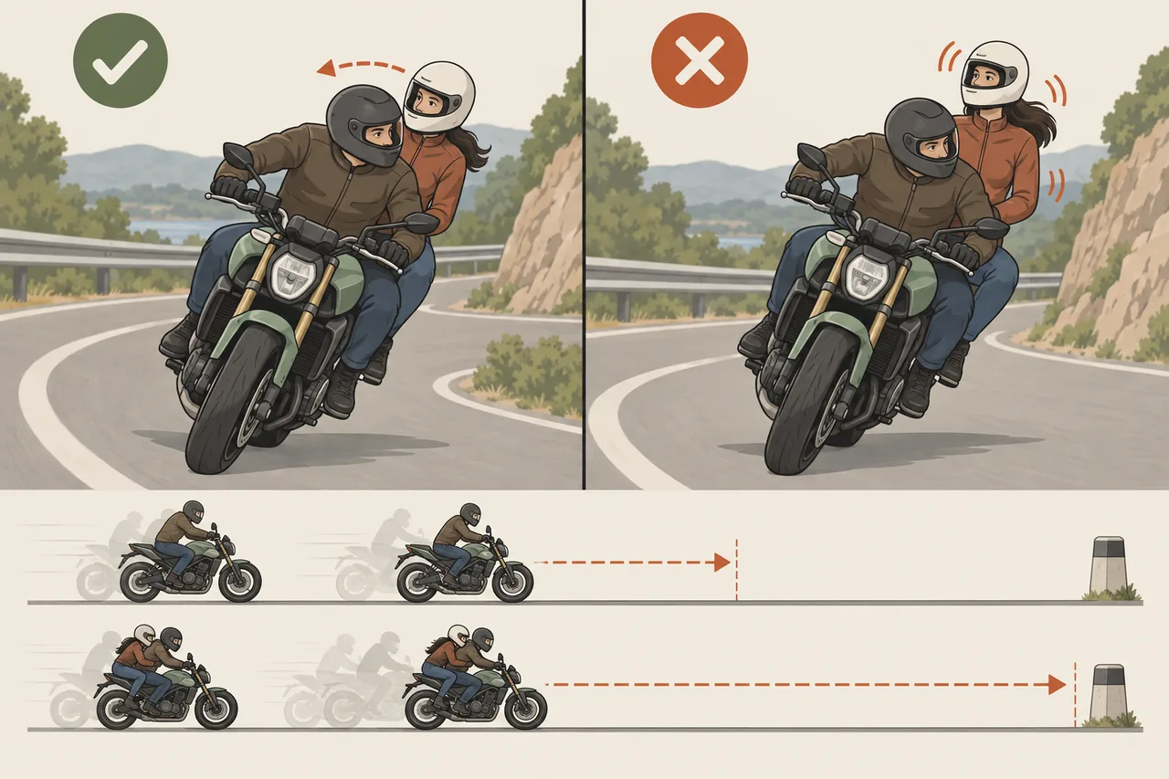 Ilustração: garupa acompanhando a curva corretamente versus movimento errado, e freio com mais distância a dois