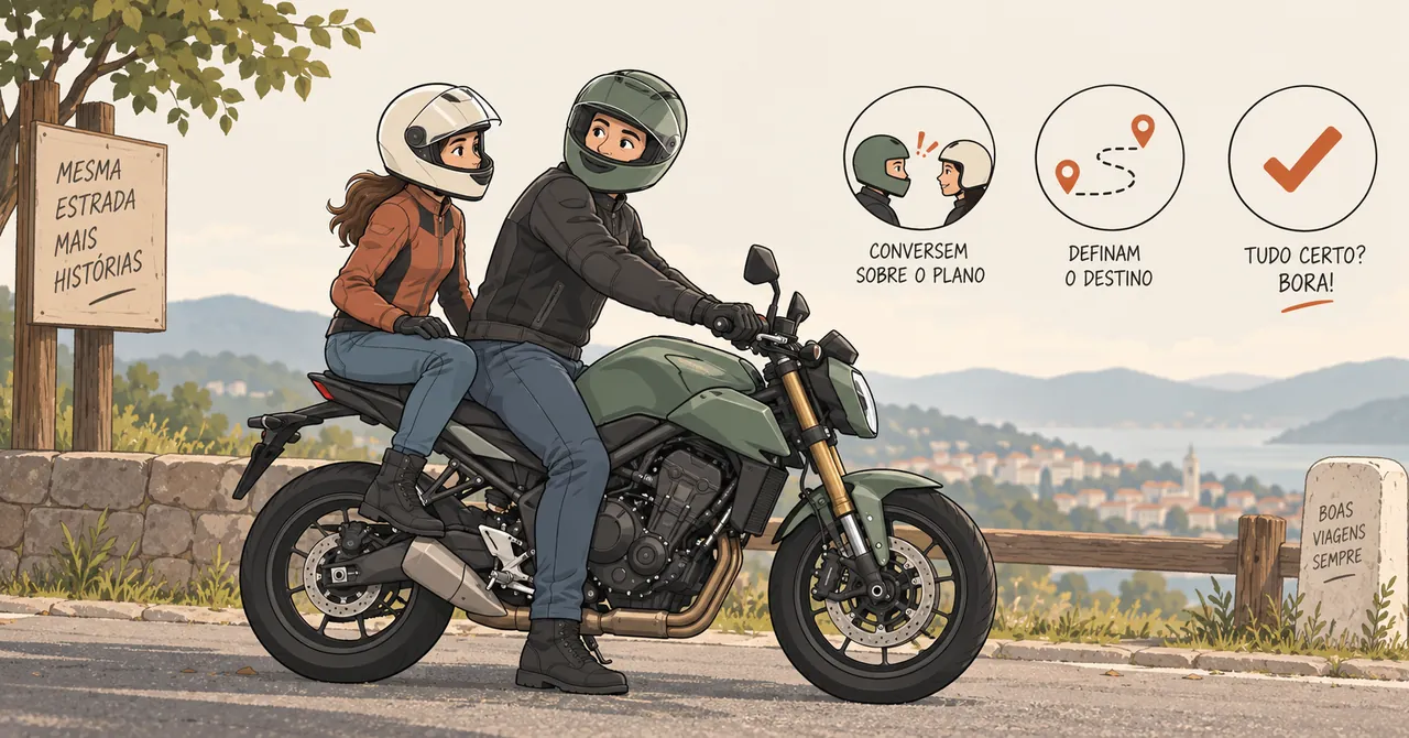 Ilustração de piloto e garupa na moto combinando o plano antes de seguir viagem