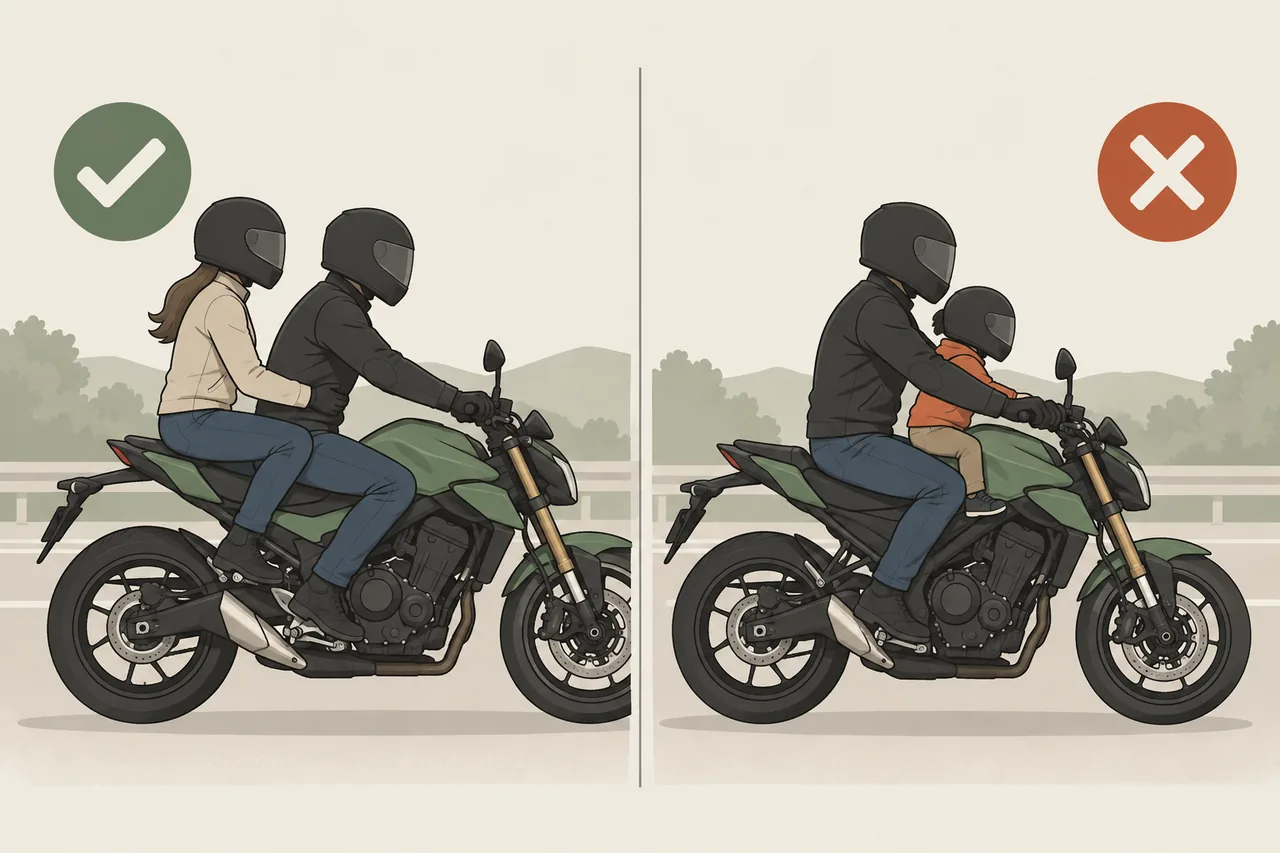 Ilustração: passageiro adulto no assento traseiro versus criança no tanque, posição inadequada