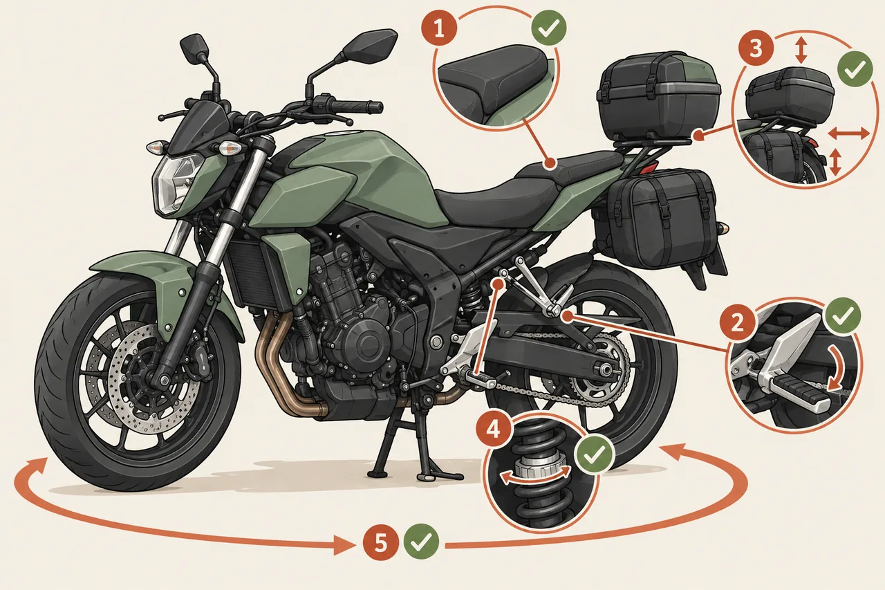 Ilustração de checklist da moto para garupa: assento, pedaleiras, bagagem e suspensão