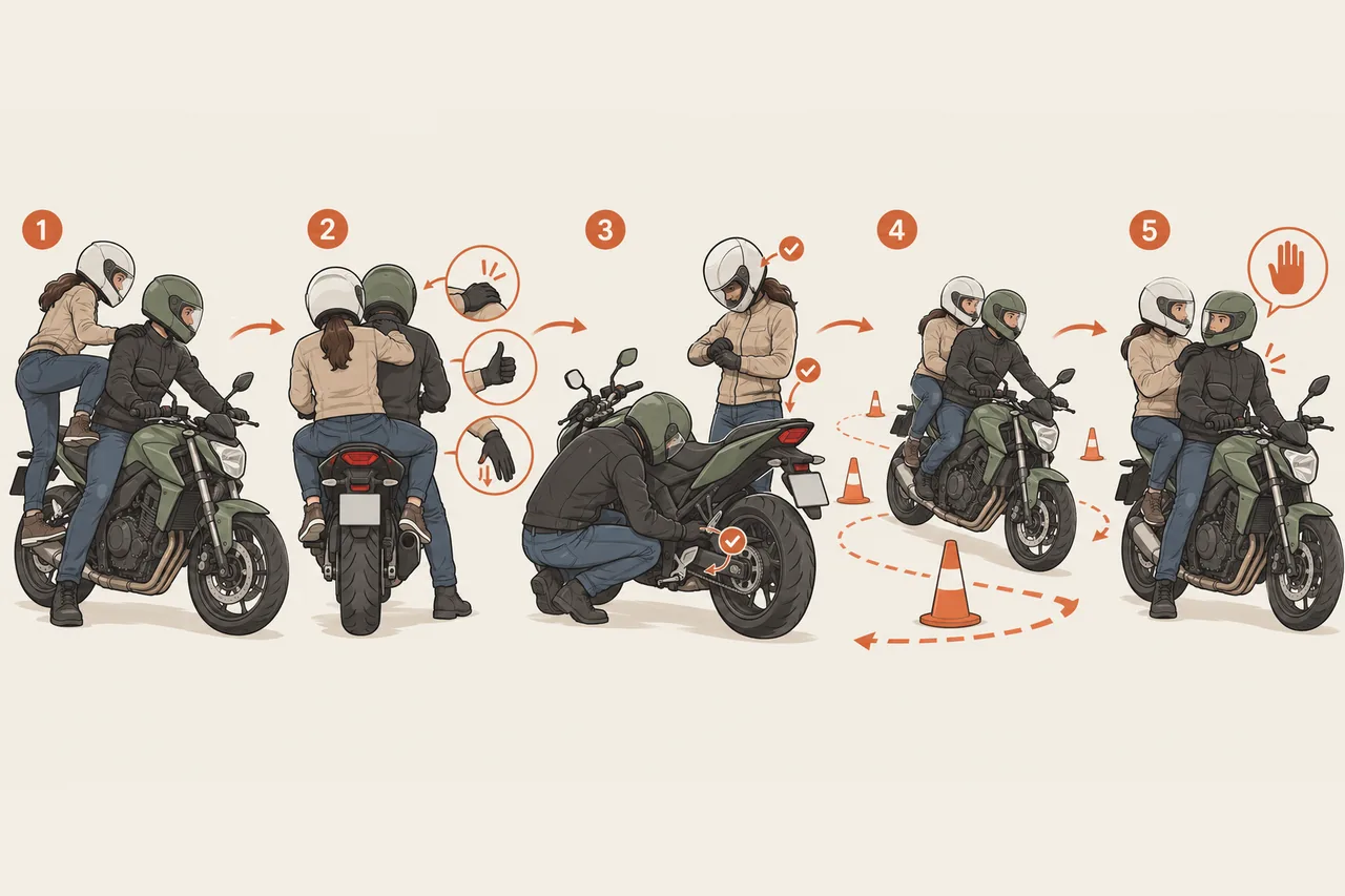 Ilustração do roteiro em cinco passos para a primeira viagem com garupa