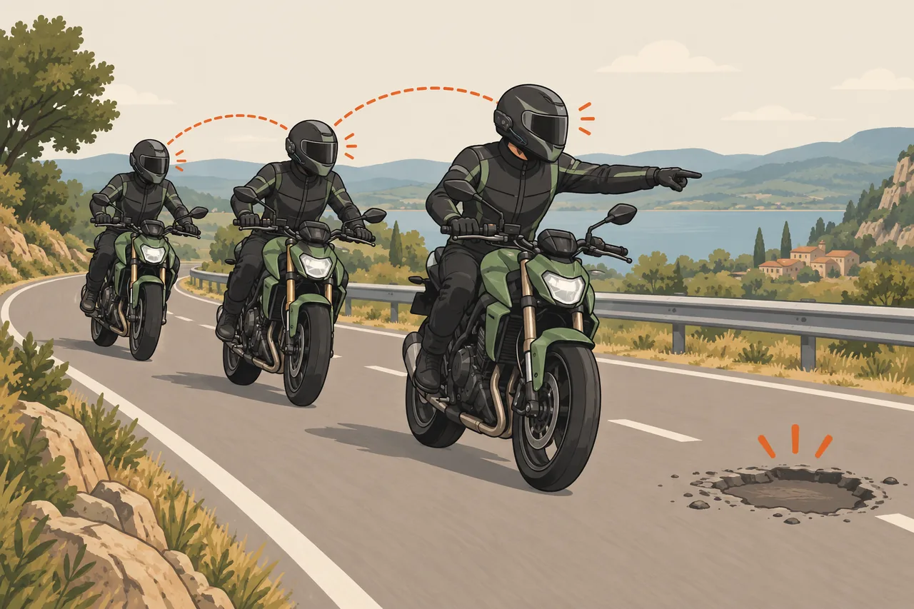 Ilustração de comboio de motos com comunicação por intercomunicador avisando um buraco