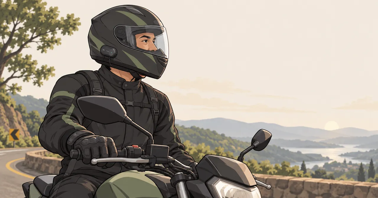 Ilustração de motociclista com intercomunicador no capacete em estrada
