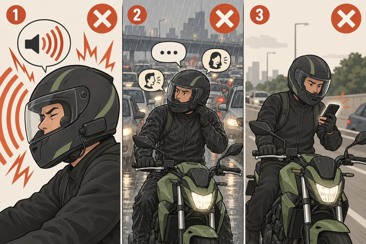 Ilustração dos erros: volume alto, conversa no trânsito pesado e mexer no celular em movimento