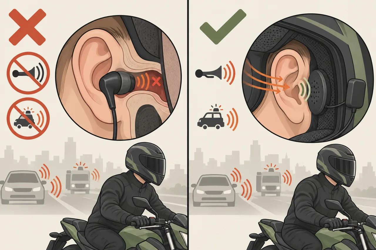 Ilustração comparando fone no canal auditivo e alto-falante de capacete que não veda o ouvido