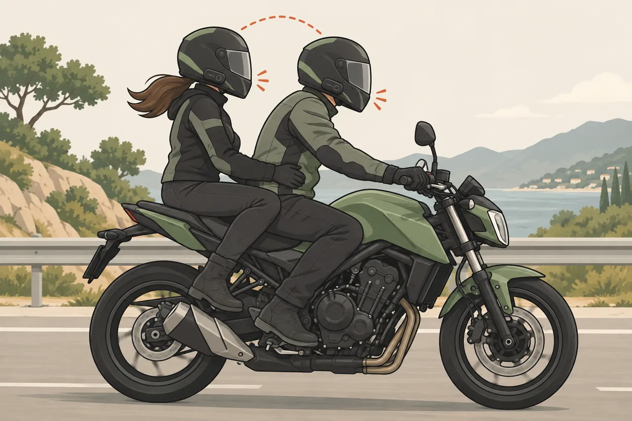 Ilustração de piloto e garupa com intercomunicadores pareados na moto