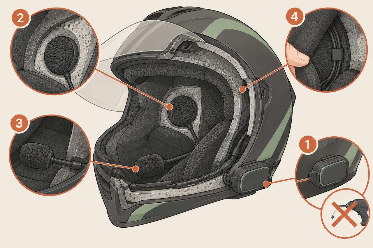 Ilustração da instalação do intercomunicador no capacete sem furar o casco