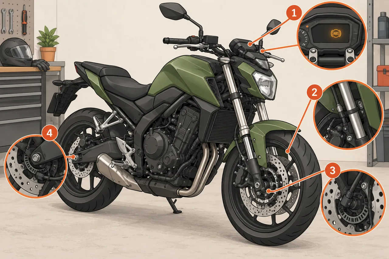 Ilustração de checklist: painel ABS, cabos e sensores das rodas da moto