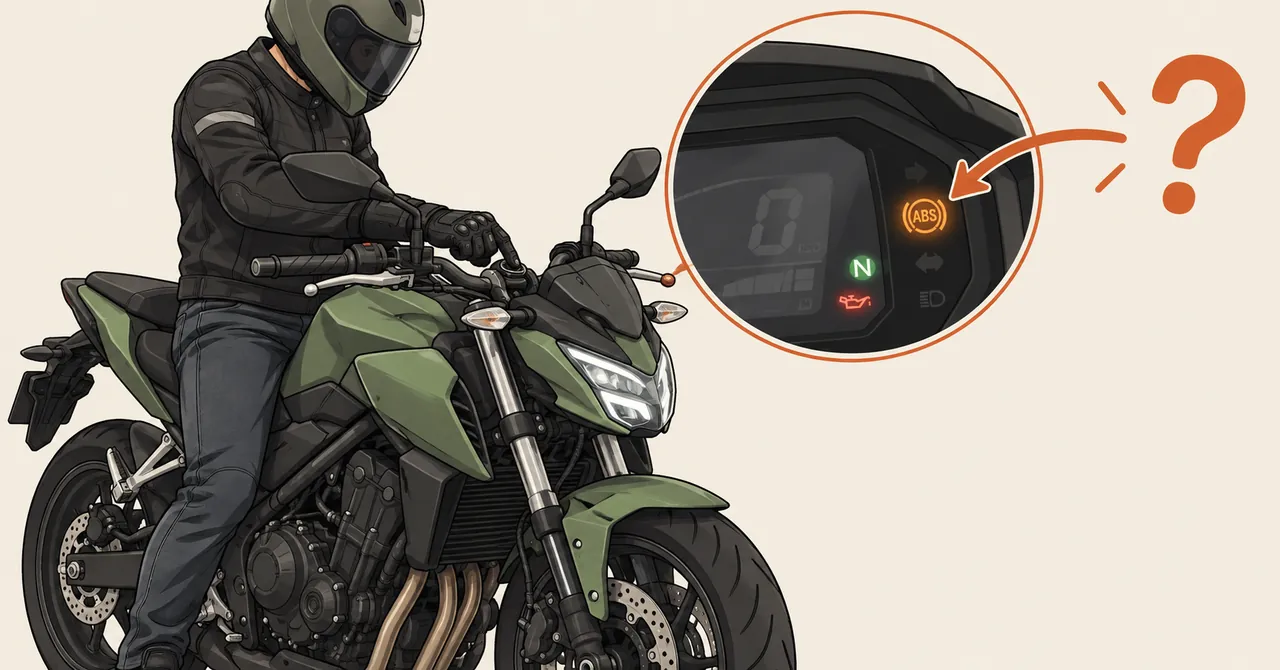 Ilustração de motociclista na moto verde com zoom da luz do ABS acesa no painel