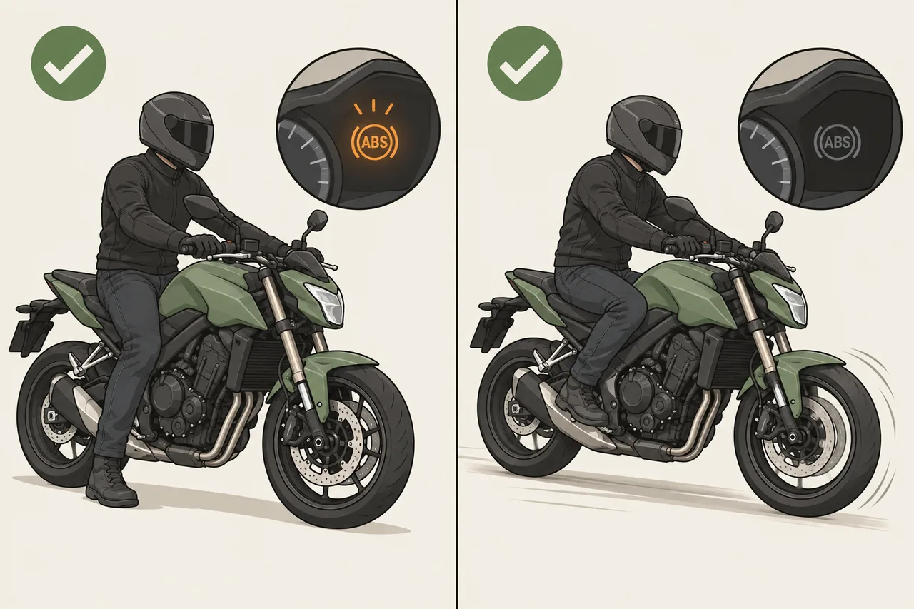 Ilustração: luz do ABS acesa na partida e apagada depois que a moto roda