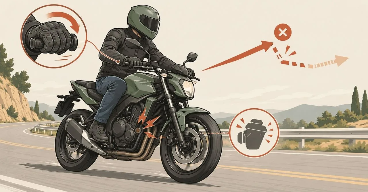 Motociclista acelerando uma moto que falha e perde resposta