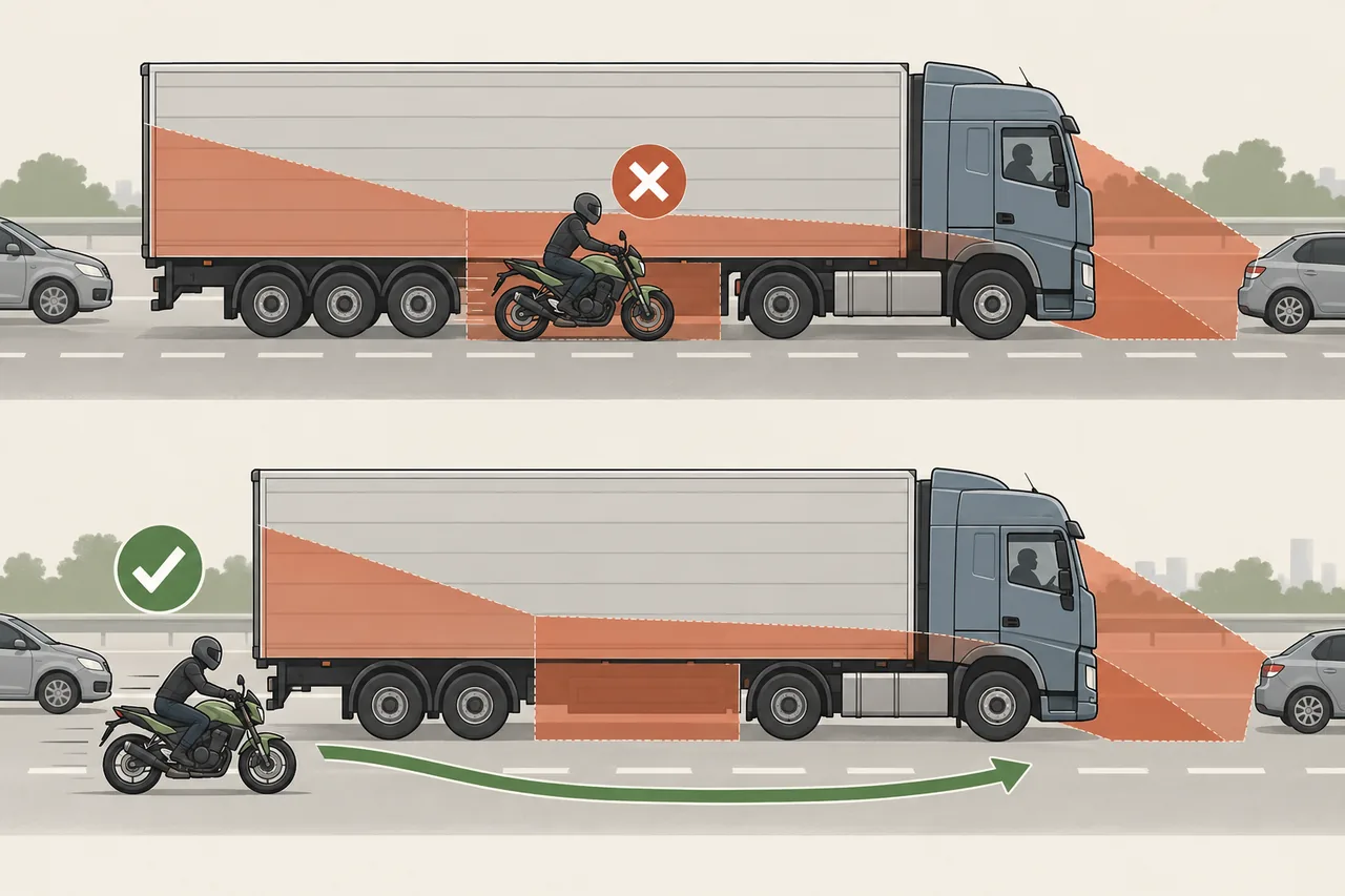 Ilustracao: zonas de ponto cego de caminhao e posicoes perigosas na lateral
