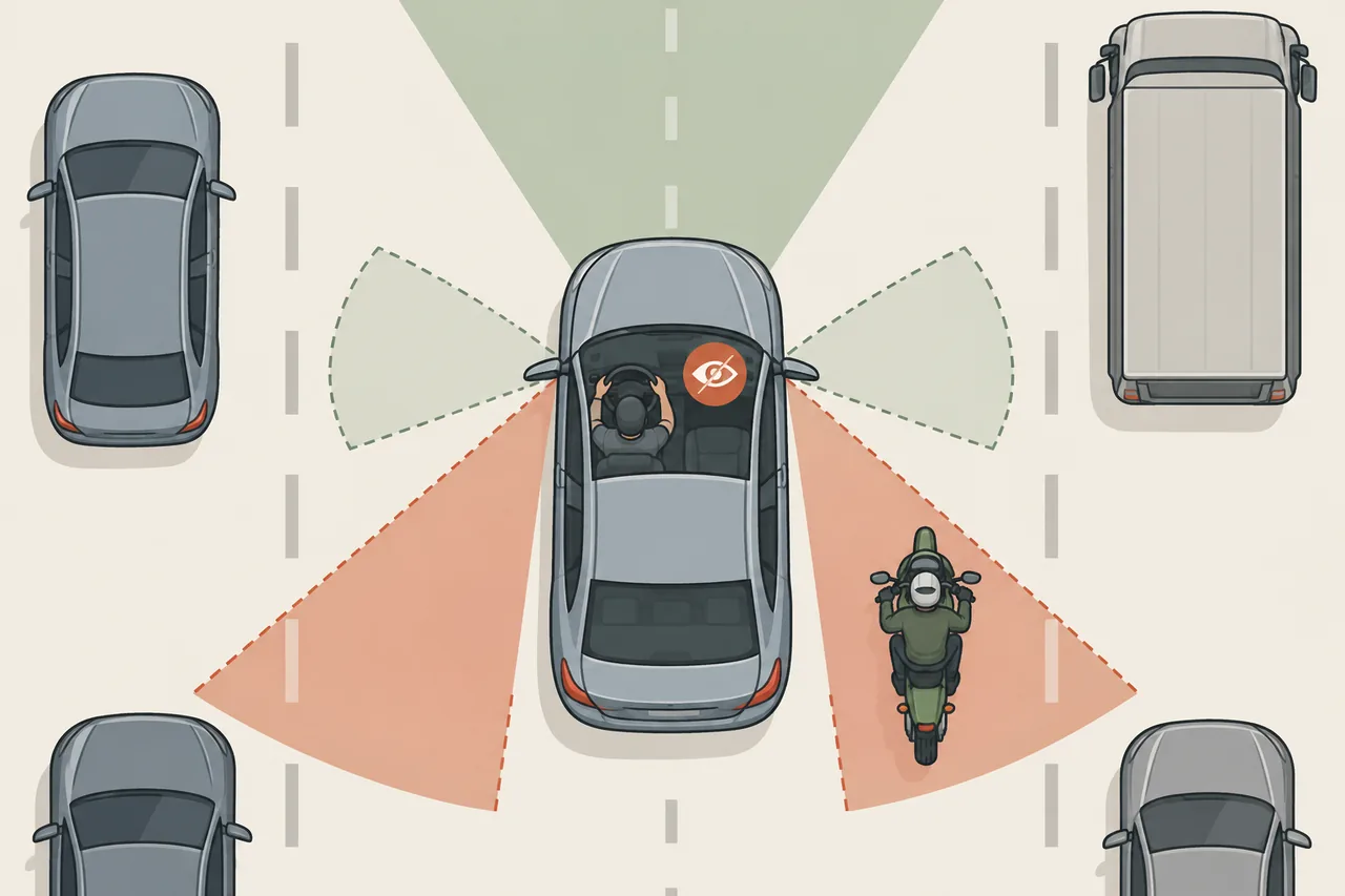 Ilustração: o campo de visão do motorista e as áreas que ele não enxerga