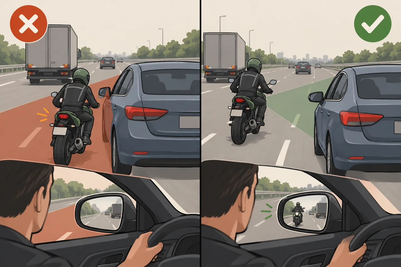 Ilustração: moto escondida no ponto cego versus moto visível no retrovisor do carro