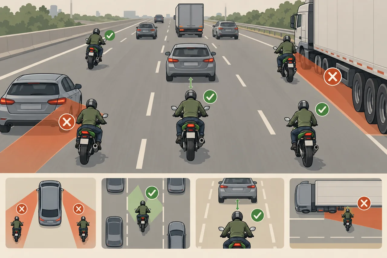 Ilustração: zonas de ponto cego do carro e moto escondida nelas