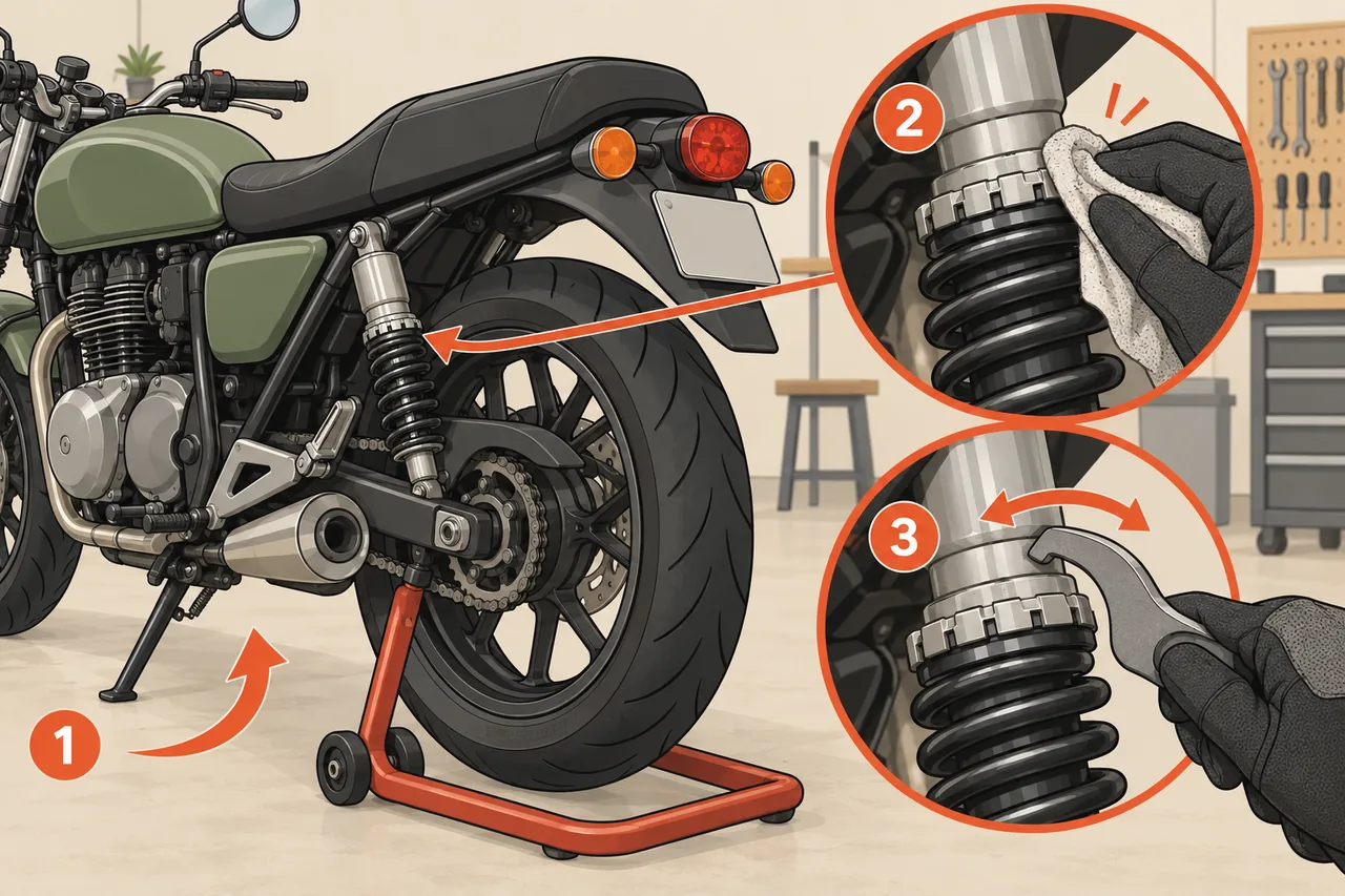 Ilustração do passo a passo: moto no cavalete, limpeza e giro do anel de pré-carga com chave gancho