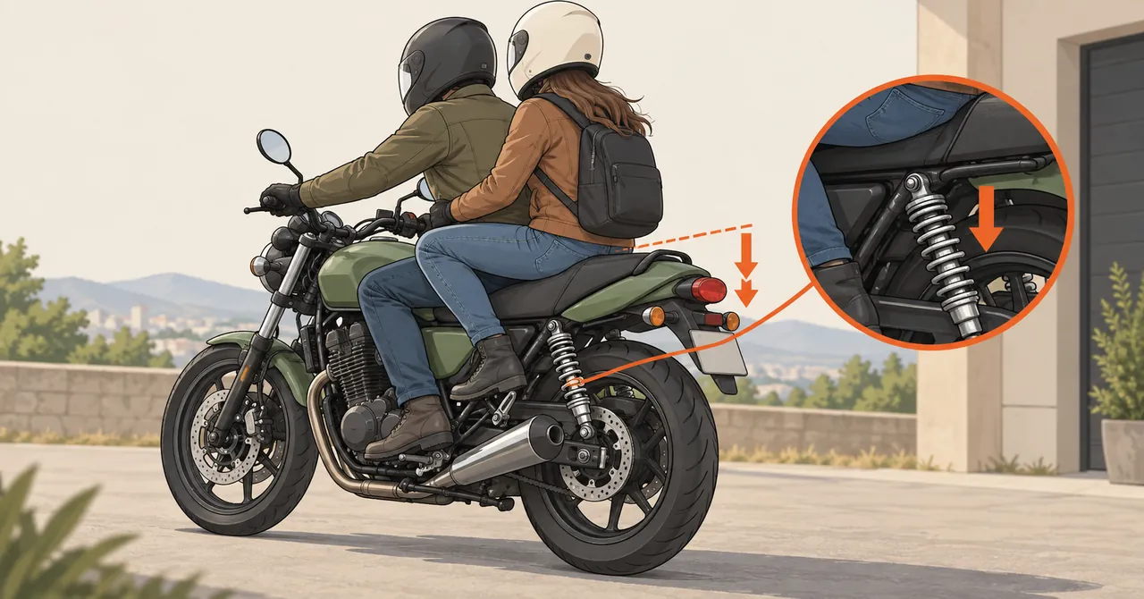 Ilustração de moto com piloto e garupa e detalhe da suspensão traseira comprimida