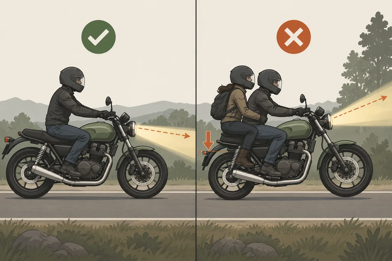 Ilustração comparando moto solo estável e moto com garupa com traseira afundada