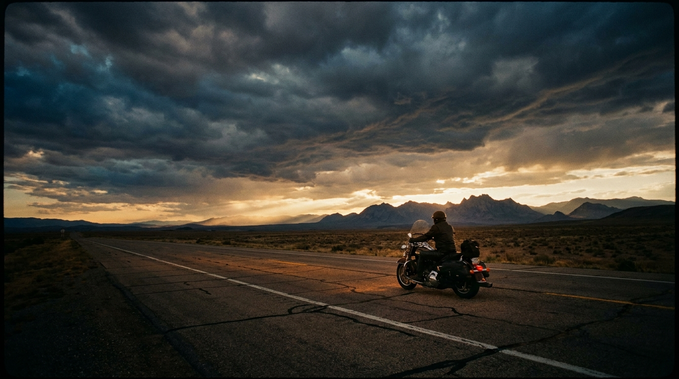 Motociclista em uma estrada aberta ao pôr do sol